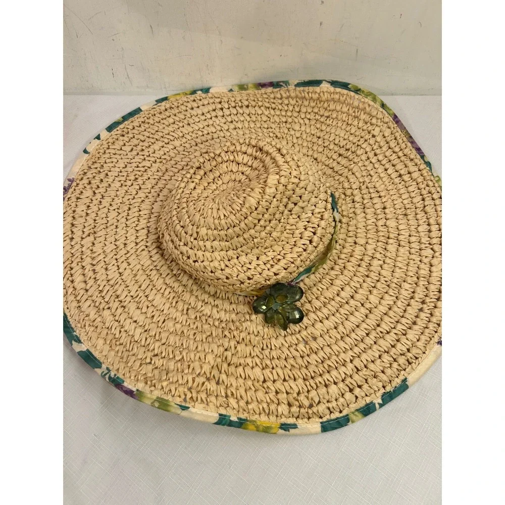 August Straw Sun Hat OS Tan Floral Trim Wide Brim Flower Accent Womens